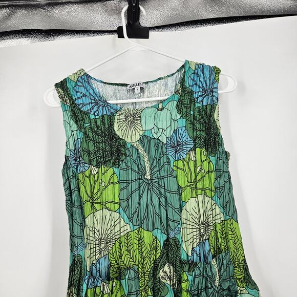 Alquema A-Line Dress Green Blue Floral Pleated Sleeveless Fit & Flare Mini US 6 - Picture 3 of 6